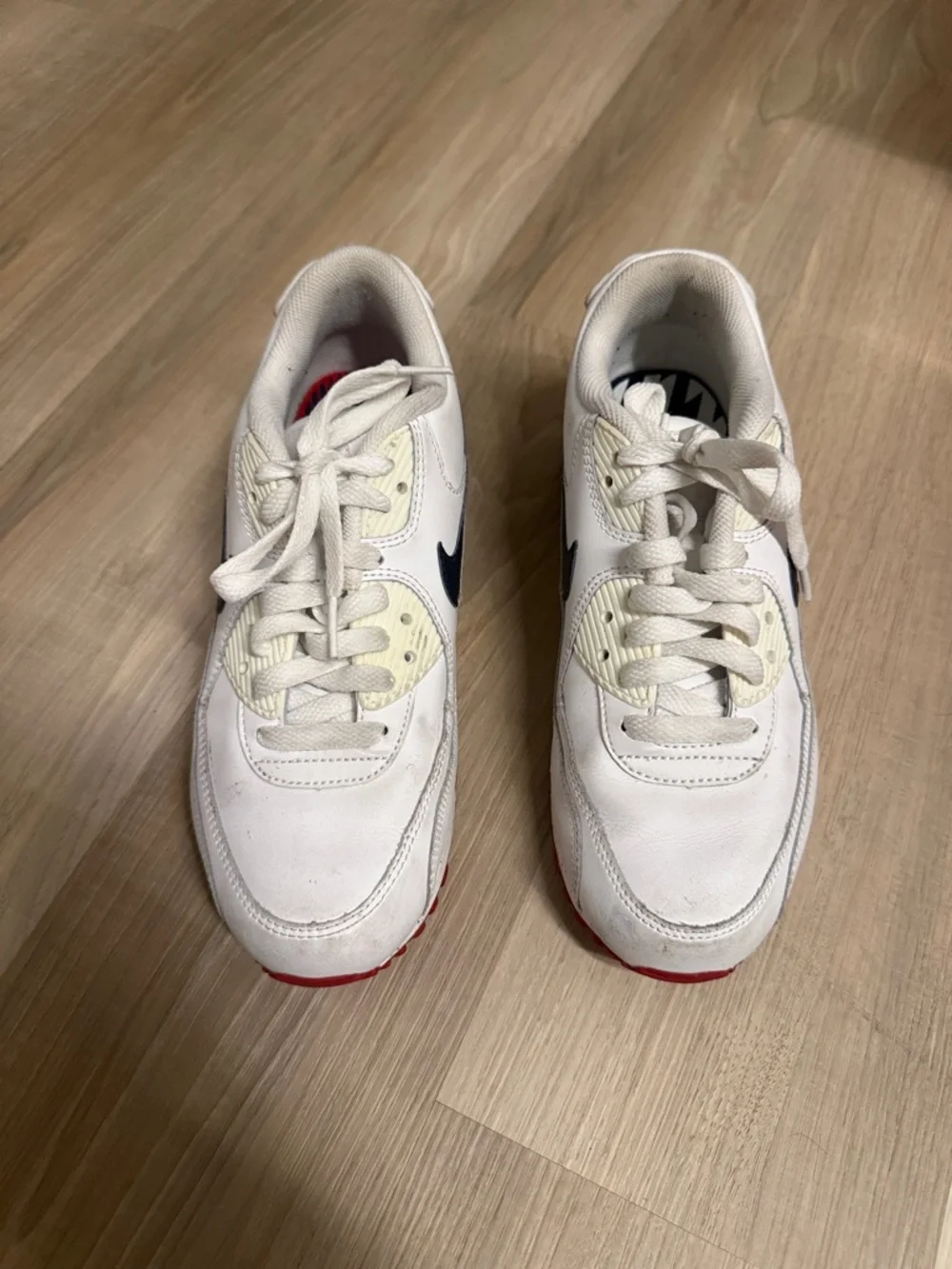 Nike air max White Leather Sneakers with Navy Swoosh and Red Outsole - Picture 2 of 6